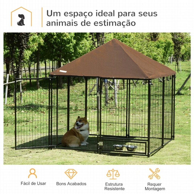 PawHut Parque para Cães com Toldo Suporte Giratório 2 Tigelas Incluídas para jardim 141x141x151cm Preto Marrom
