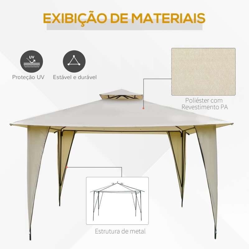 Outsunny Pégola de Jardim 3,5x3,5m com teto duplo e 8 orifícios de drenagem para festas jardim Bege