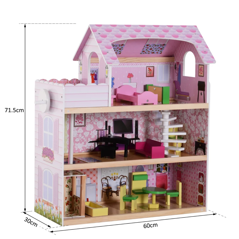 HOMCOM Casa de Bonecas com 13 peças Móveis Mobiliário Casita de Bonecas de Brincar Madeira 3 Pisos 60x30x71.5cm