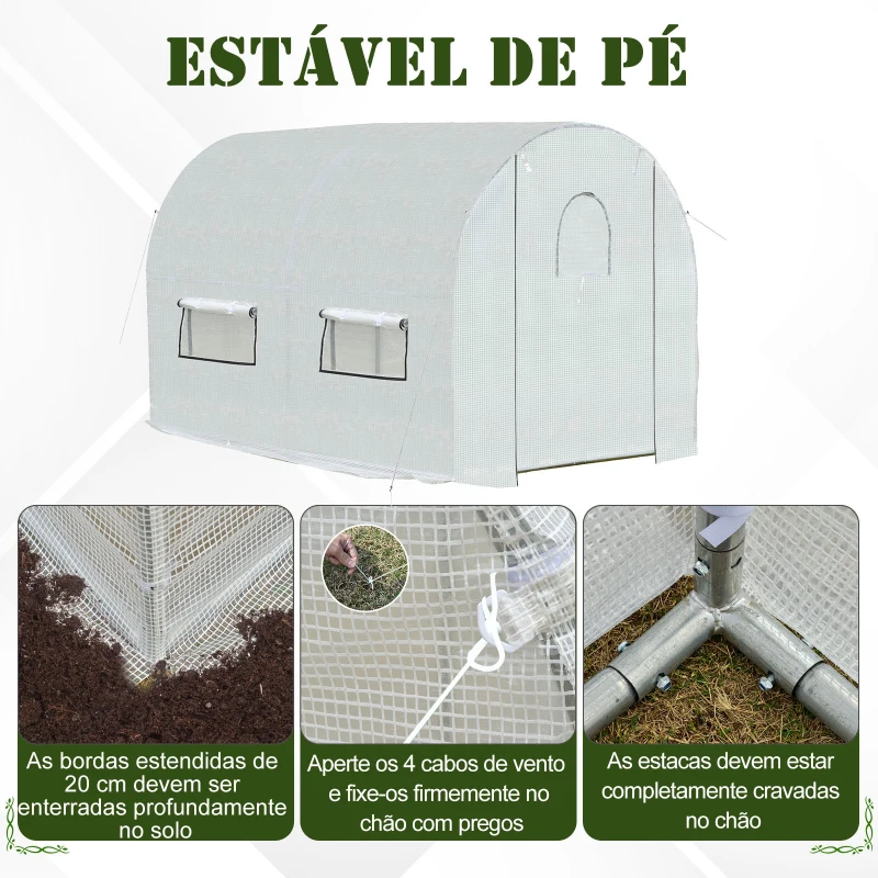 Outsunny Estufa de Jardim Tipo Túnel com janelas e portas Cobertura PE Estrutura de aço 295x200x190cm Branco