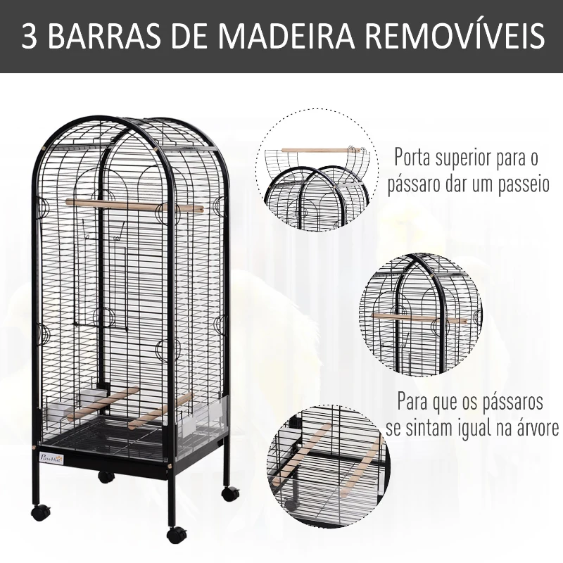 PawHut Gaiola para Pássaros com 3 Poleiros de Madeira Amovíveis Bandeja Comedouros e Rodas com Travão 54x54x151 cm Preto