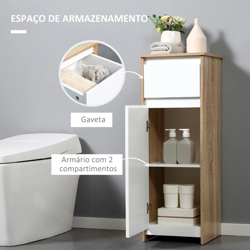 Kleankin Armário Casa de Banho Baixo Armário de Madeira com Gavetas e 2 Prateleiras para Sala de Estar Dormitório Cozinha 32,6x30x90cm Natural e Branco