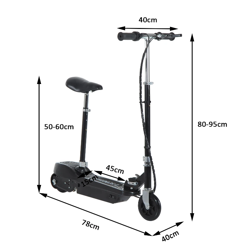 HOMCOM Trotinete Elétrica Dobrável E-Scooter com Bateria 120 W Assento Ajustável e Travão - Preto - Ferro e Plástico - 76 x 13 x 96 cm