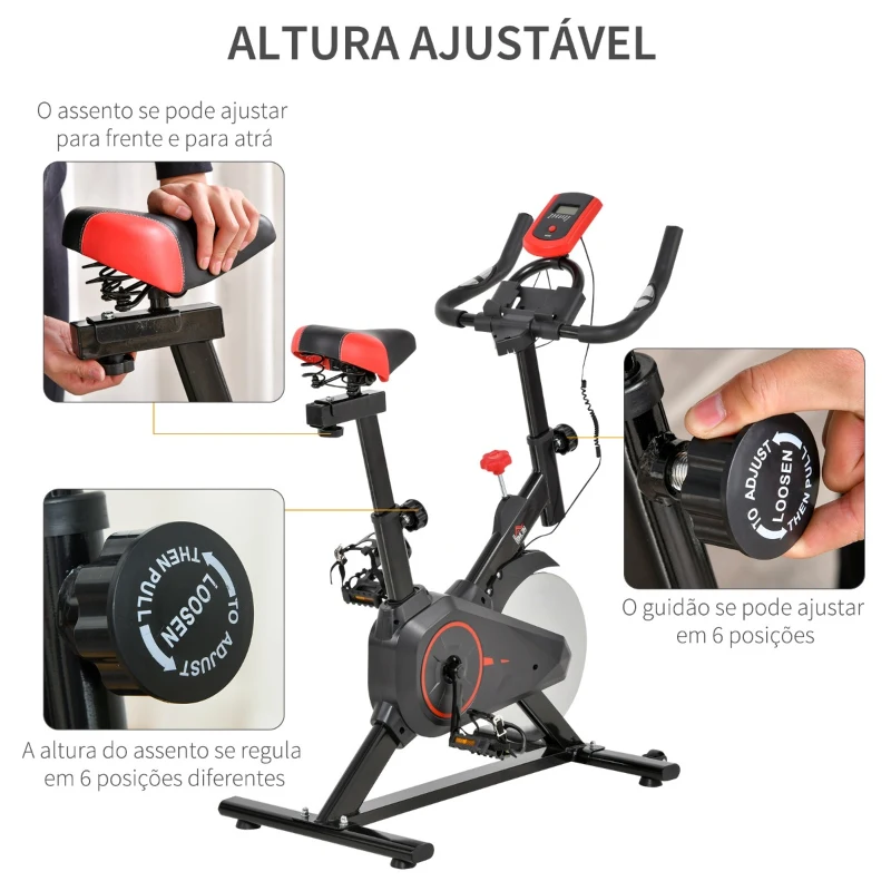 HOMCOM Bicicleta Estática Spinning com Monitor LCD Volante de Inércia de 6kg Assento e Guidão com Altura Ajustável Resistência Regulável 85x46x114cm Preto e Vermelho