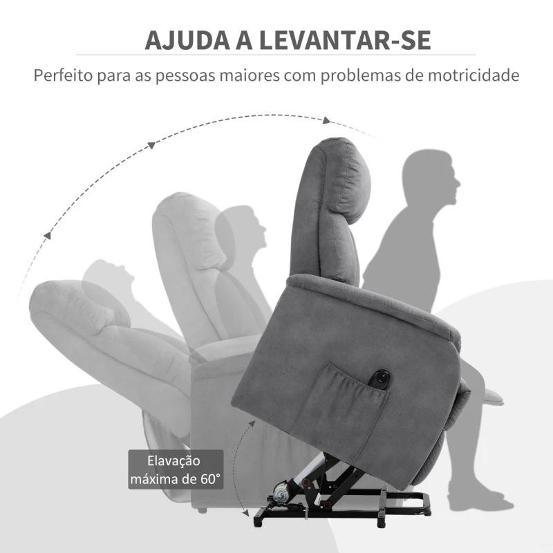 HOMCOM Poltrona Relax Função de Elevação e Reclinação Extra Acolchoado com Controle Remoto apoio para os pés 77x93x110cm Cinza