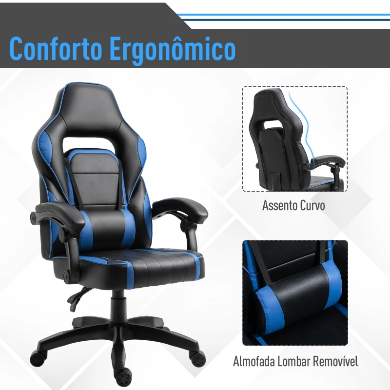 Vinsetto Cadeira gaming para escritório ergonômica reclinável até 135 ° com encosto alto Apoio de braço ajustável 64x69x119-129 cm preto e azul