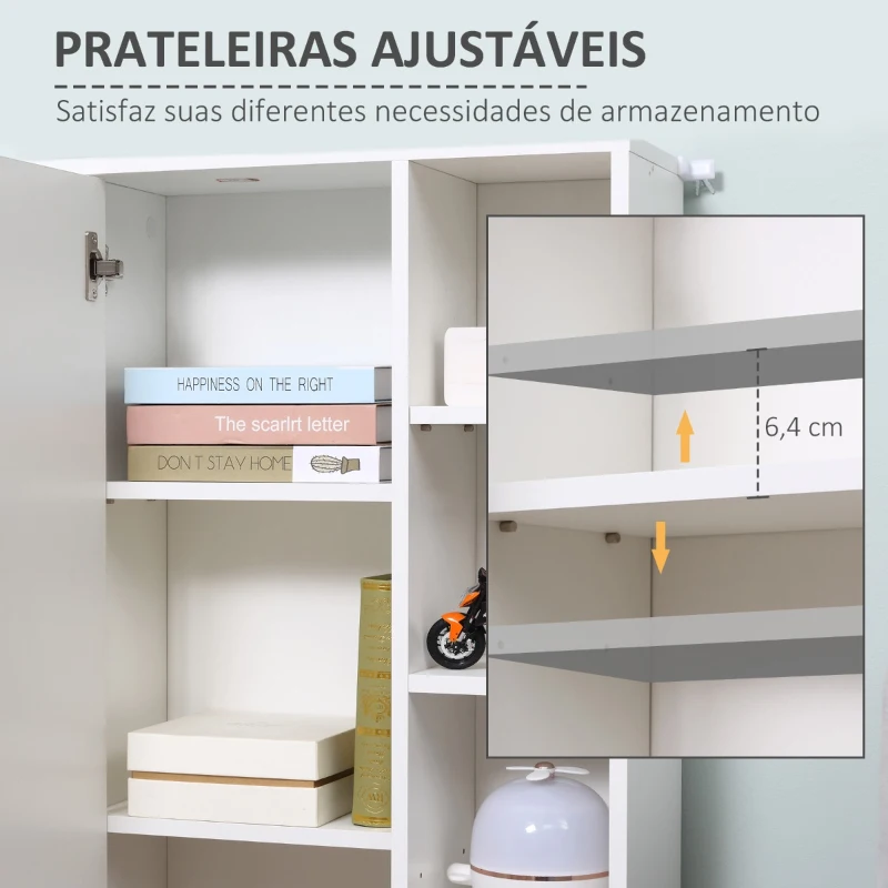 Kleankin Armário Casa de Banho de Madeira com 8 Prateleiras Abertas e 1 Porta com Prateleiras Ajustáveis Móvel Auxiliar Multiuso para Cozinha Sala de Estar 71x22x100cm Branco