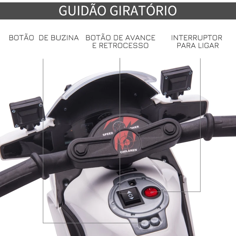 HOMCOM Mota Elétrica Infantil de Polícia Bateria 6V Recarregável para Crianças acima de 18 Meses com Faróis Buzina e Rodas de Equilíbrio Velocidade Máx. 3km/h 69x39x43cm Branco
