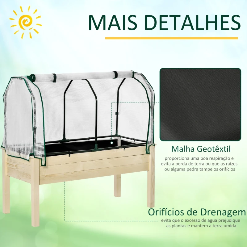 Outsunny Horta Vertical Elevada de Madeira 121x55x117cm com Cobertura de Proteção Mesa de Jardinagem para Cultivo de Flores Vegetais e, Jardim Terraço Madeira Natural