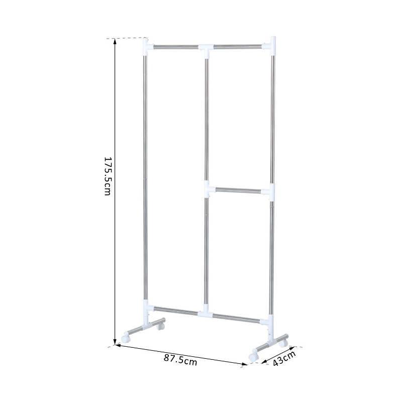 HomCom Cabide com Rodinhas para Pendurar e Secar Roupa Aço Inox. - Cor Prateado - 87,5x43x175,5 cm