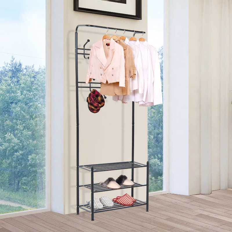 HOMCOM Móvel Cabide de Entrada com 18 Ganchos e Sapateira Armário de Entrada com Cabide com 3 Prateleiras 67x30x185 cm Preto