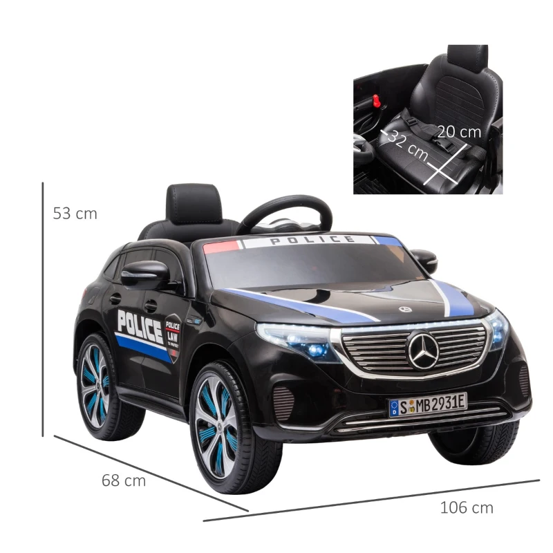 HOMCOM Carro de Polícia Elétrico para Crianças acima de 3 anos Mercedes EQC Bateria 12V com Controle Remoto Dupla Abertura 106x68x53 cm Preto