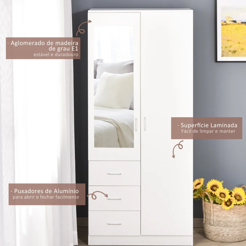 HOMCOM Armário Roupeiro de 2 Portas com Espelho 3 Gavetas Prateleiras Ajustáveis e Barra para Pendurar Incluida Roupeiro para Dormitório 80x50x180cm Branco