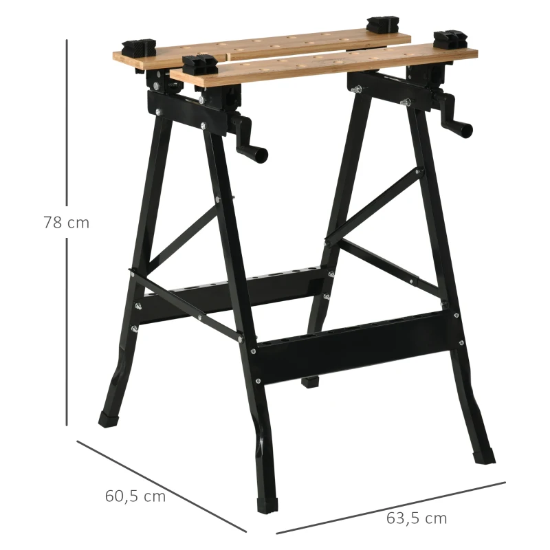 HOMCOM Bancada de Trabalho Dobrável Portátil com Placas Ajustáveis em Ângulo e Distância Bambú e Aço Carga Máx. 150kg 63,5x60x5x78cm Madeira Natural e Preto
