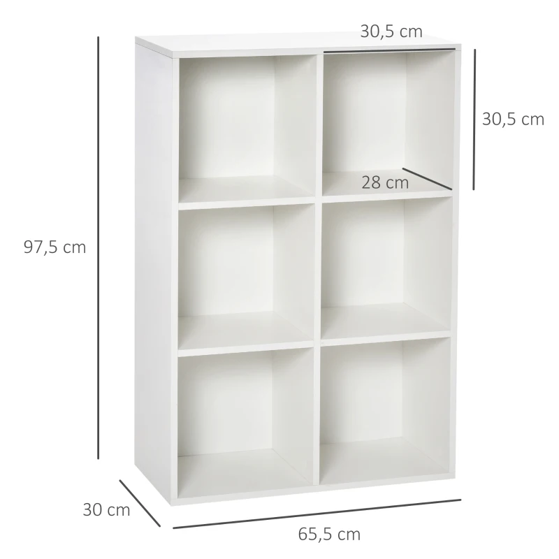 HOMCOM Estante para Livros Estante de Madeira de 3 Níveis com 6 Compartimentos de Armazenamento 65,5x30x97,5cm Branco
