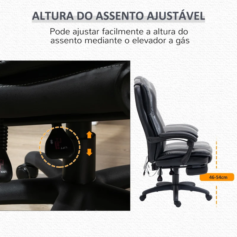 Vinsetto Cadeira de Escritório e Giratória Cadeira de Escritório com Altura Ajustável 6 Pontos de Massagem Controle Remoto e Apoio para os Pés Retrátil 68,5x68,5x119-127cm Preto