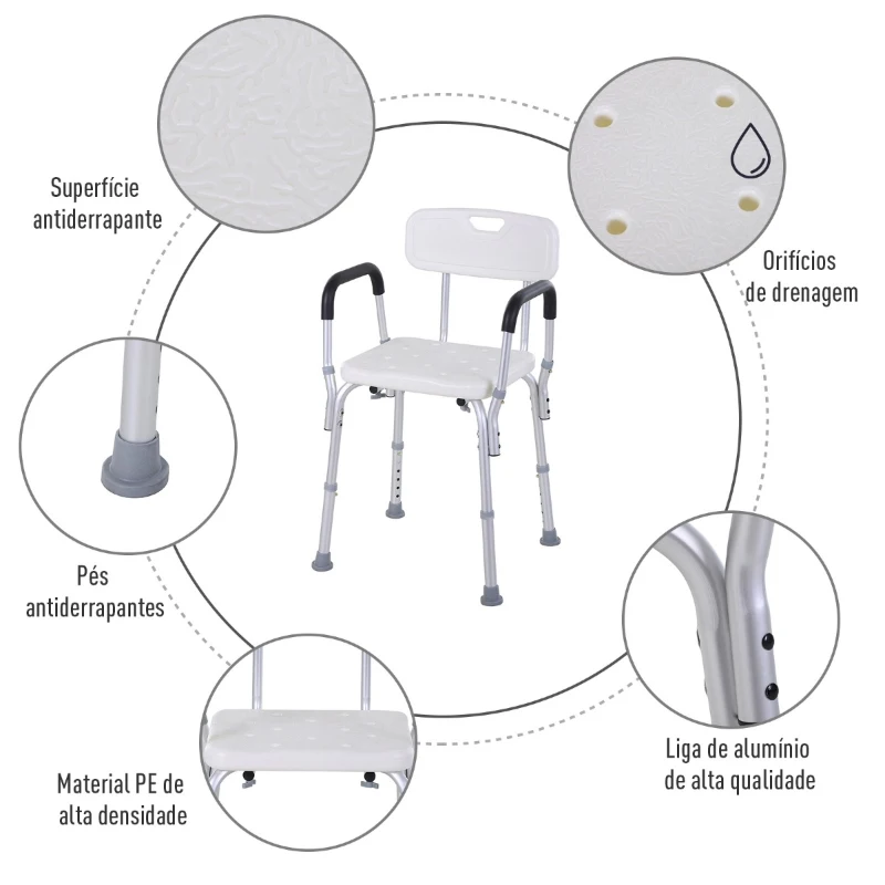 HOMCOM Cadeira para Duche Antiderrapante com Altura Ajustável em 6 Níveis Apoio para os Braços e Encosto 51,5x51,5x71-84 cm Branco