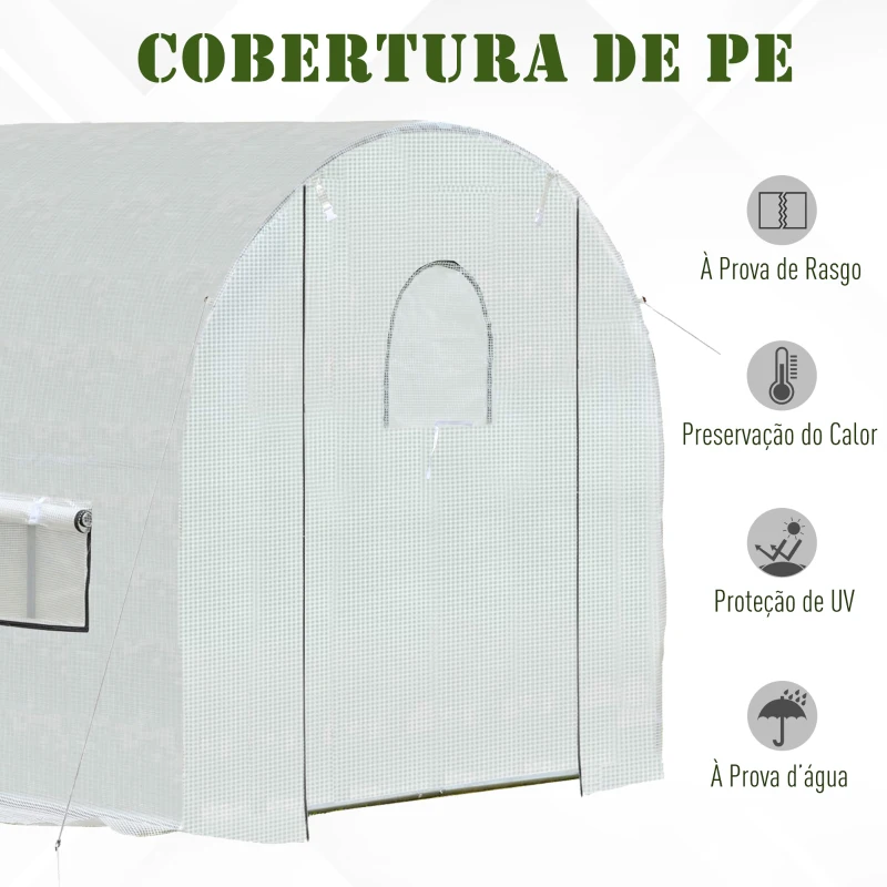 Outsunny Estufa de Jardim Tipo Túnel com janelas e portas Cobertura PE Estrutura de aço 295x200x190cm Branco