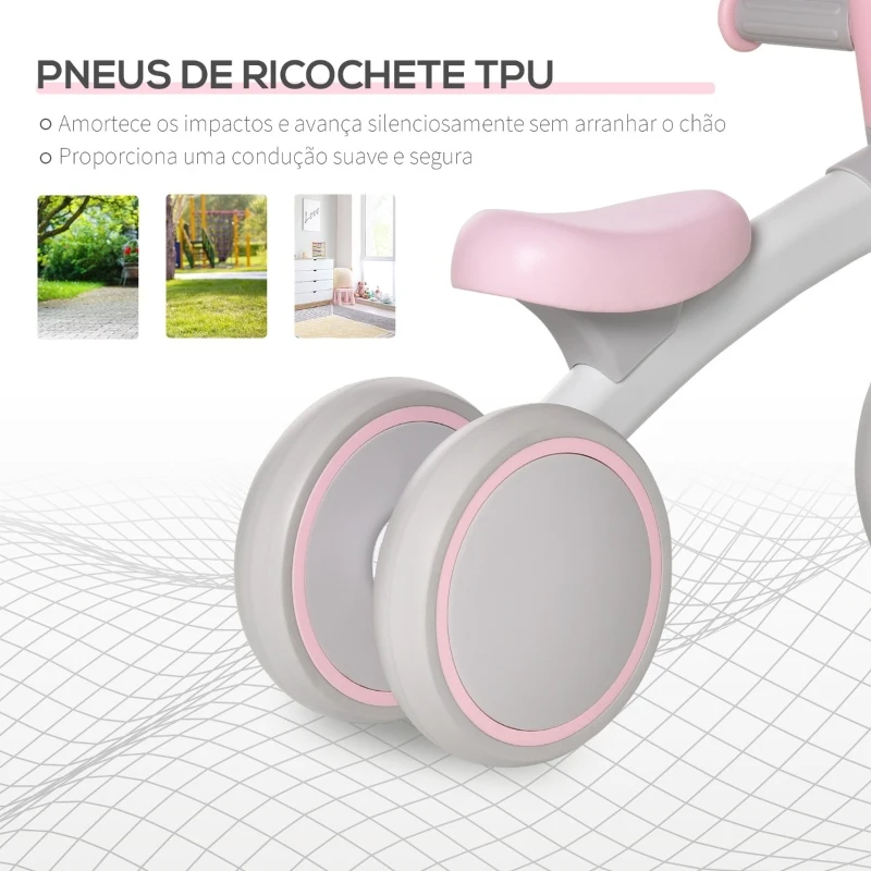 HOMCOM Bicicleta sem Pedais para Crianças de 1-3 Anos Bicicleta de Equilíbrio com 3 Rodas Silenciosas Carro Andador de Bebé 60x24x37cm Rosa