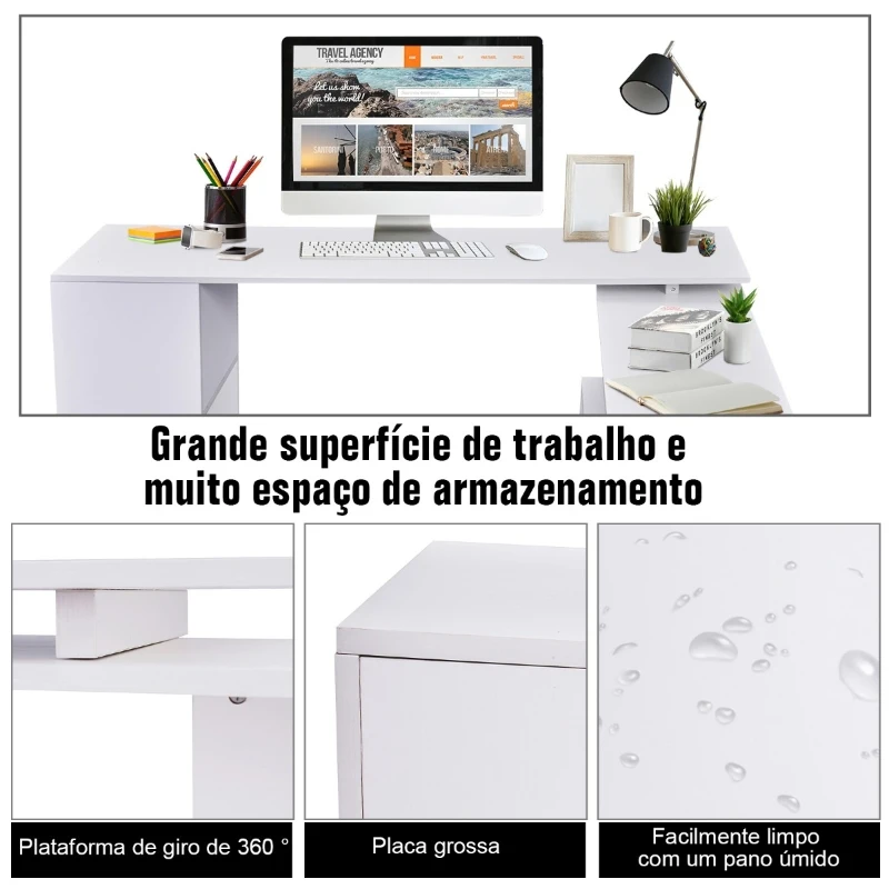 HOMCOM Secretária Mesa de Escritório Branco de Canto com Rotação 360° Multiformes 2 Prateleiras Estante Branca