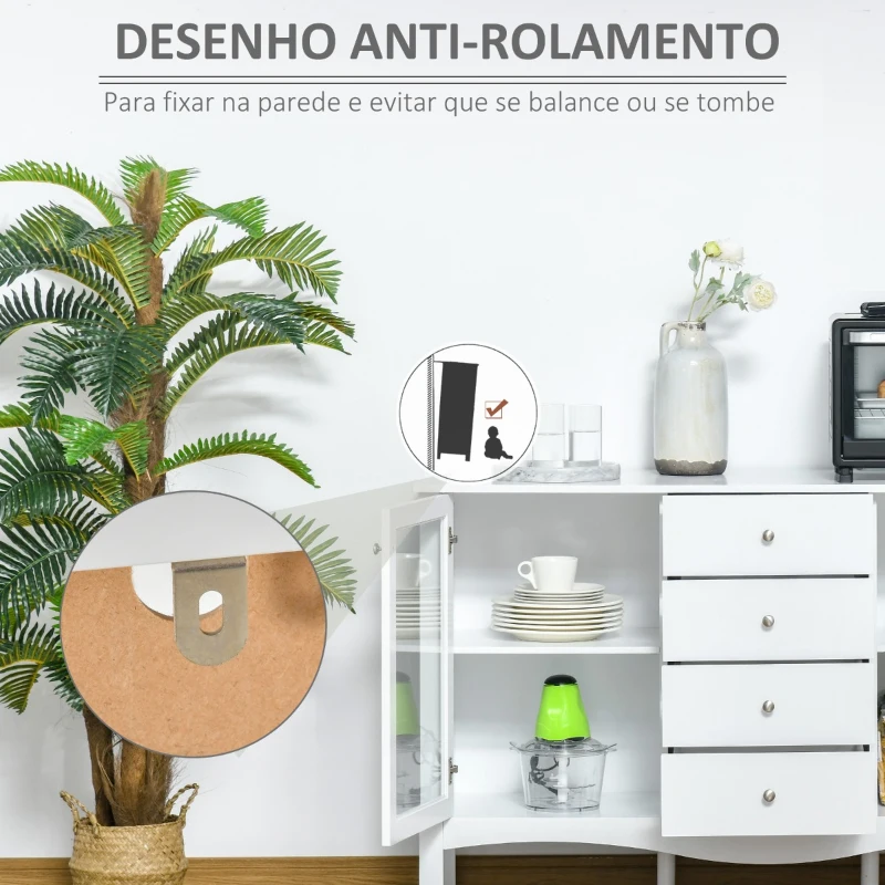 HOMCOM Aparador de Cozinha Armário Buffet com 2 Armários Porta de Vidro Prateleira Interior Ajustável e 4 Gavetas para Sala de Jantar Sala de Estar 136x45x85cm Branco