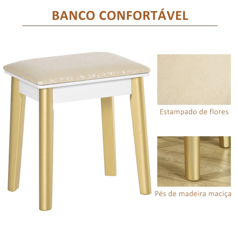 HOMCOM Toucador com Espelho com Luz LED e Banco Conjunto de Mesa de Maquilhagem com 4 Gavetas de Armazenamento para Dormitório 80x40x133cm Branco