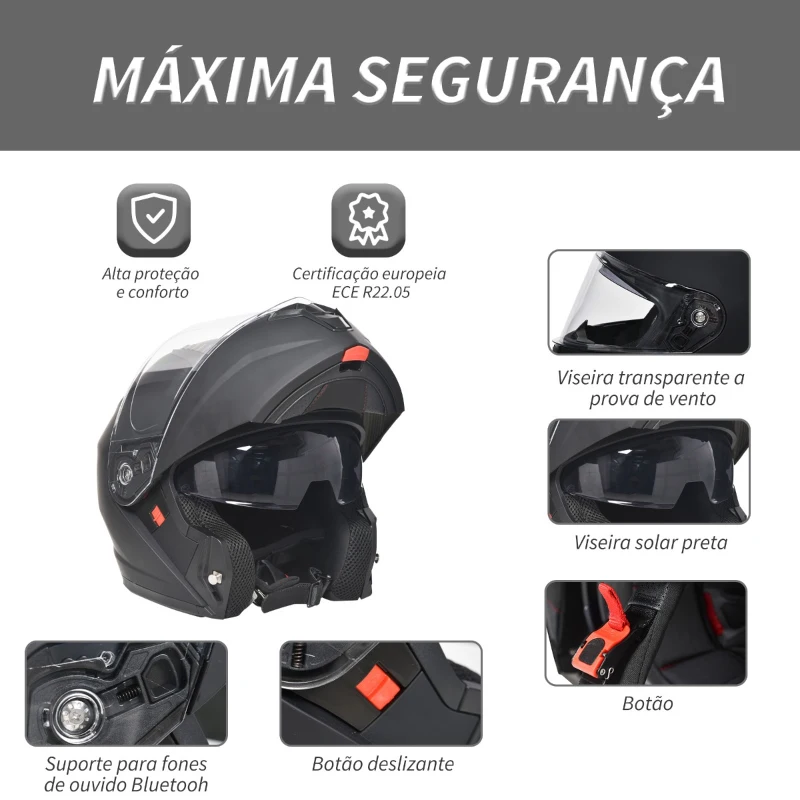 HOMCOM Capacete de Moto Integral Tamanho XL-61/62cm Capacete de Motocicleta com Dupla Viseira Cabeçote Anticolisão com Certificação Europeia Unisex Cor Preta