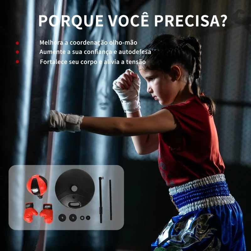 HOMCOM Saco de Boxe para Crianças com Altura Ajustável Luvas Suporte Estável Mola de 360 Graus 38x38x78-120 cm Preto e Vermelho