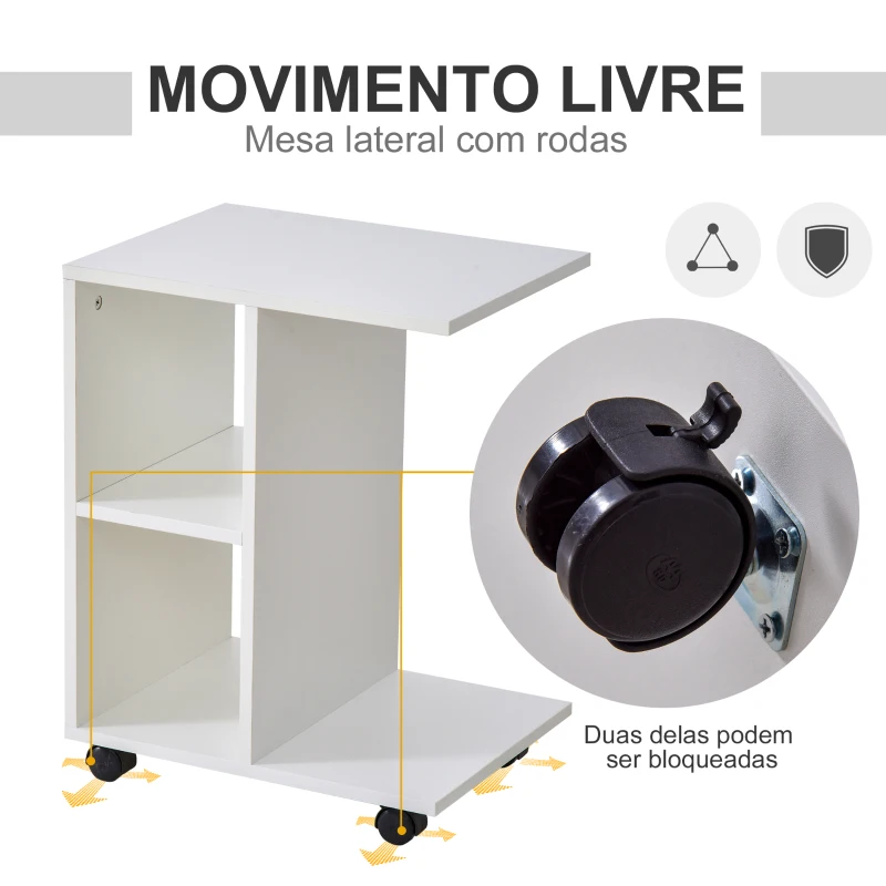 HOMCOM Mesa Auxiliar Moderna Mesa Auxiliar em Forma de C com Rodas e Prateleiras Abertas 45x35x58 cm Branca