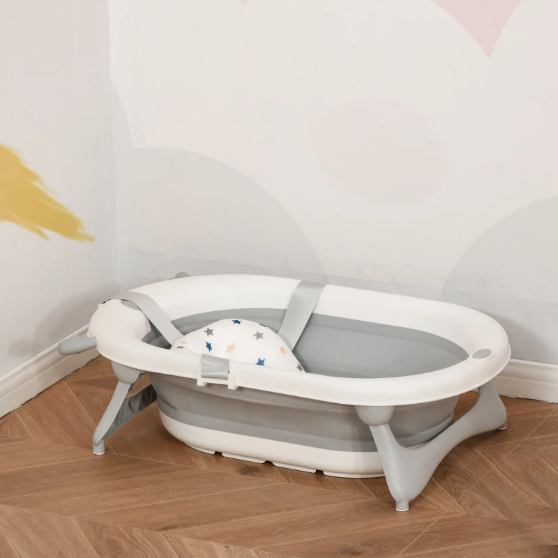 HOMCOM Banheira para Bebé Recém Nascido até 3 Anos Dobrável 30 Litros com Tampa Termossensível e Almofada Confortável Almofadas Antiderrapantes 81,5x50,5x23,5cm Cinza e Branco