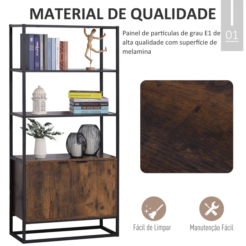 HOMCOM Estante com 3 prateleiras abertas e 1 armário de porta dupla com base elevada Estante multifuncional de armazenamento 76x33x162,5 cm Marrom Rústico