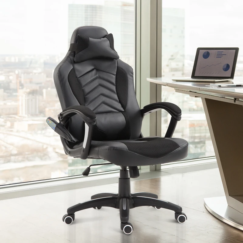 HomCom® Cadeira de Escritório Gaming com 6 Pontos de Massagem e Aquecimento 2 Almofadas com Comando à Distância 68x69x108-117cm Negro