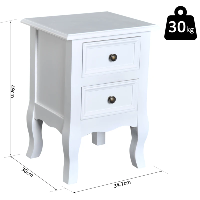 HomCom Mesa de cabeceira de madeira   com 2 gavetas Mobília do quarto 34.7x30x49cm Branco