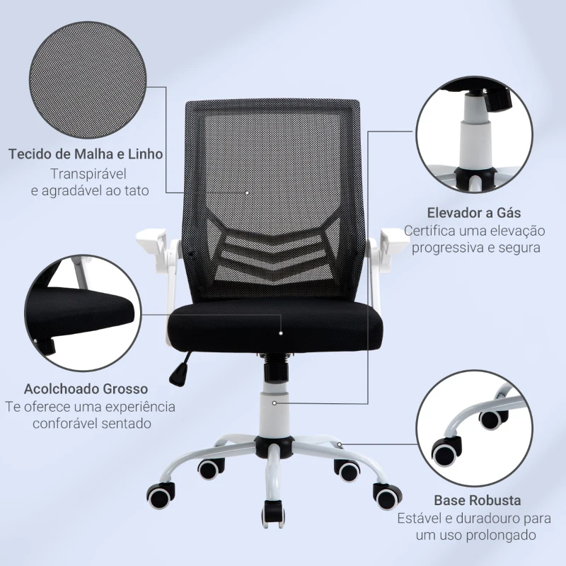 Vinsetto Cadeira de Escritório Ergonômica Giratória com Altura Ajustável Apoio para os Braços Dobrável Suporte Lombar e Encosto Transpirável 62,5x55x94-104cm Preto