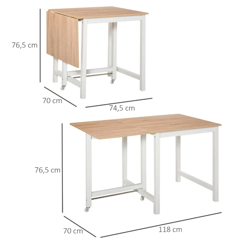 HOMCOM Mesa de jantar dobrável com 2 rodas Mesa lateral multifuncional para cozinha estudo 118x70x76,5 cm Carvalho