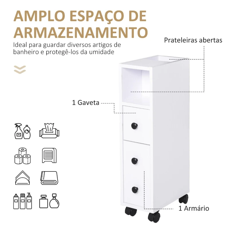 Kleankin Armário de Casa de Banho Móvel Auxiliar para Espaço Reduzido com Rodas Prateleiras Abertas Armário e Gaveta 18x30x68,5cm Branco