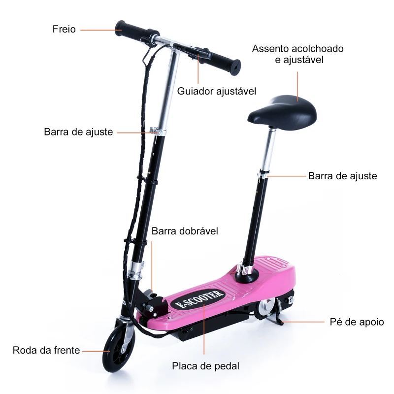 HOMCOM Trotinete Elétrica para Crianças Trotinete Dobrável Bateria 120W Guiador Ajustável Velocidad Máxima de 10km/h e Freio de Pé 78x37x99 cm Rosa