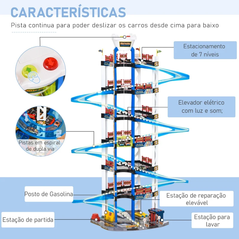 HOMCOM Estacionamento Infantil de 7 Andares Garagem de Brinquedo Inclui Elevador Elétrico com Luz e Sons Dupla Pista e 4 Carros de Corrida para acima de 3 Anos 64x59x113cm Azul e Branco
