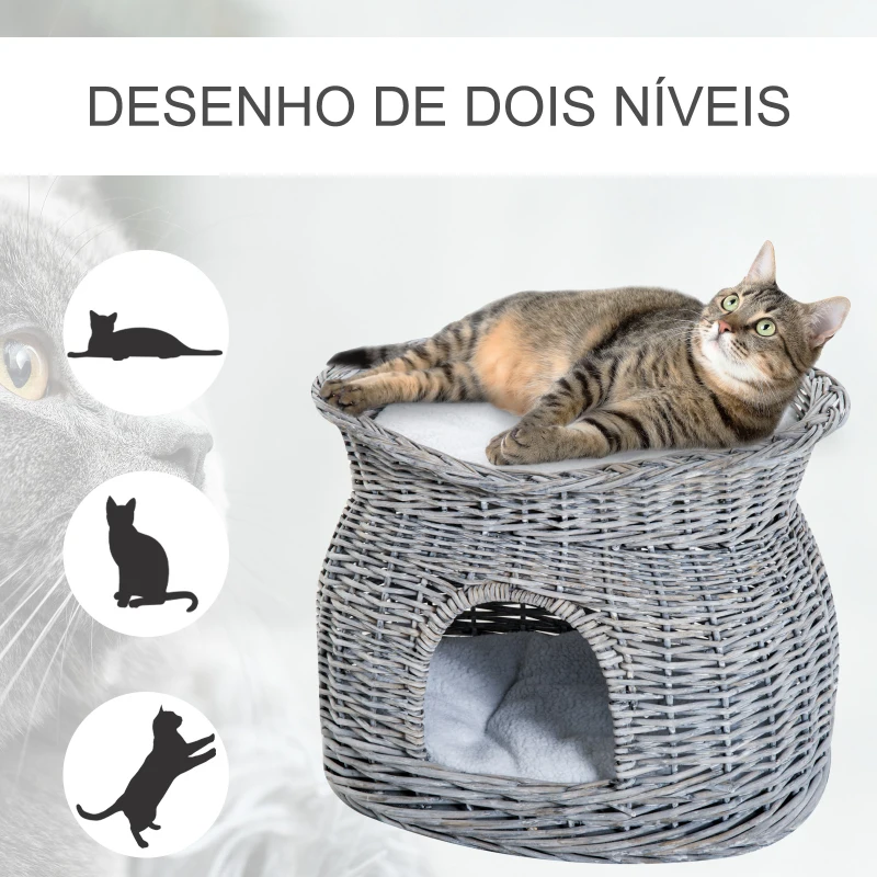 PawHut Cesta de vime para gatos de 2  alturas com cama e caverna almofadas laváveis ​​56x37x40 cm Cinza