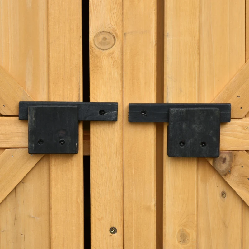 Outsunny Galpão de jardim de madeira com 2 portas 138x54,5x175 cm Galpão de armazenamento Ferramentas telhado de asfalto prateleiras Ganchos madeira natural