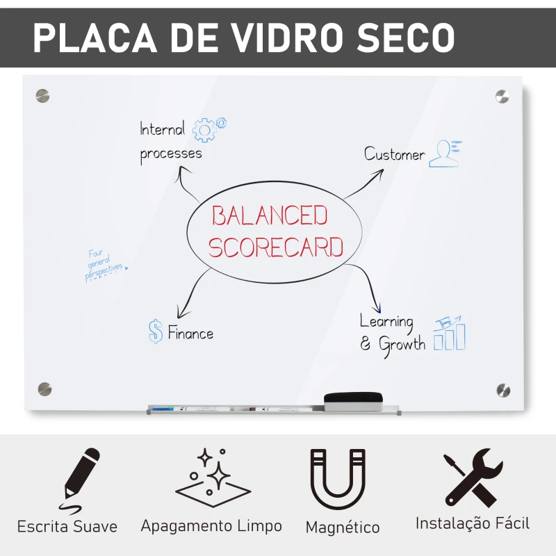 Vinsetto Placa de vidro com bandeja Inclui 4 marcadores e borracha 90x60x0,45 cm Branco