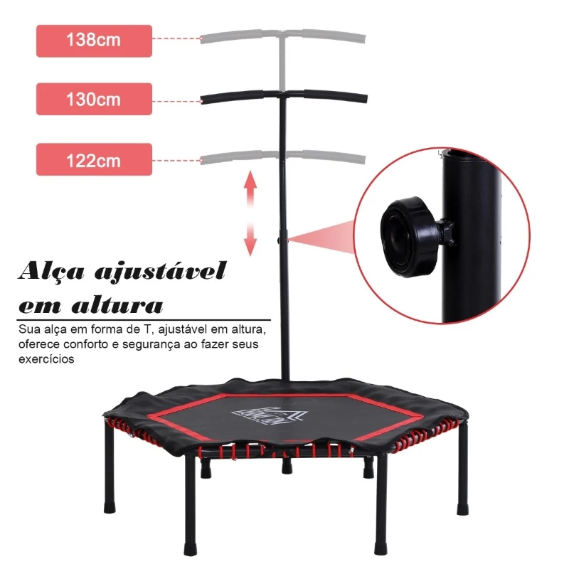 HOMCOM Trampolim Profissional Fitness Hexagonal Power Jump 122-130 -138 cm Guiador ajustável de 3 níveis Vermelho