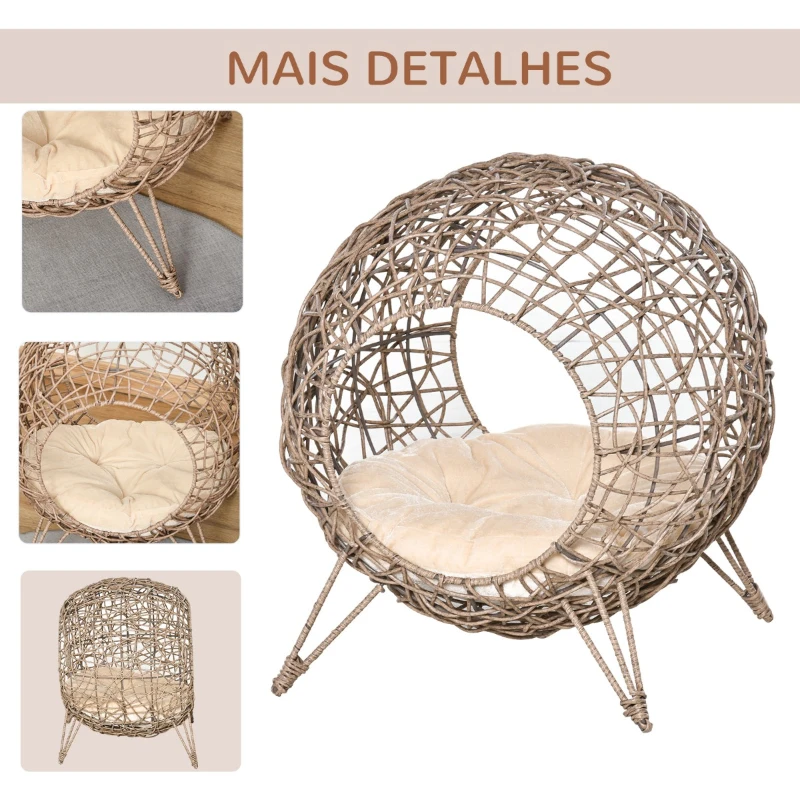 PawHut Cama Caverna de vime para Gatos Cesta para Animais de Estimação Pequenos com Base Tripé Almofada Suave 2 Entradas Desenho Elevado Ø50x56cm Caverna Marrom e Almofada Bege