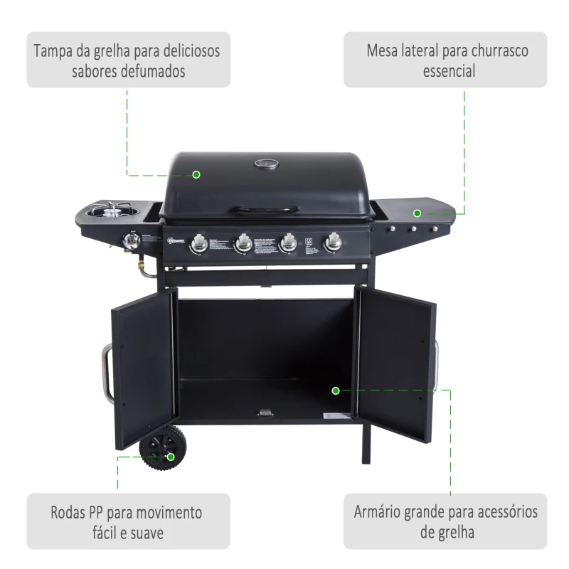 Outsunny Churrasqueira a Gás com 5 Queimadores de Aço Inox. Fogão e Grelha com Tampa e Rodas 125x51x100 cm Preto