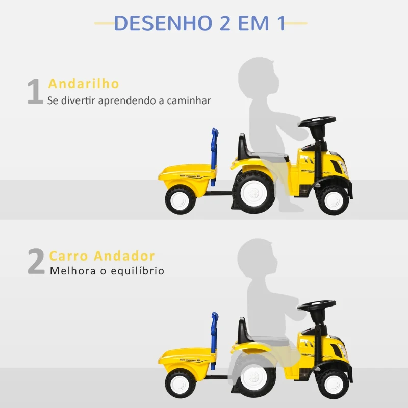 HOMCOM Trator para Crianças de 12-36 Meses com Reboque Removível Carro Andador com Buzina Farol Pá e Ancinho Carga 25kg 91x29x44cm Amarelo