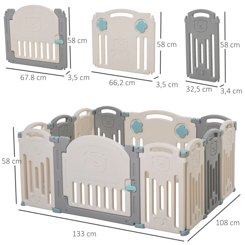 HOMCOM Parque infantil para bebês acima de 6 meses com porta dobrável 12 painéis Flexível  108x133x58 cm Cinza e Branco