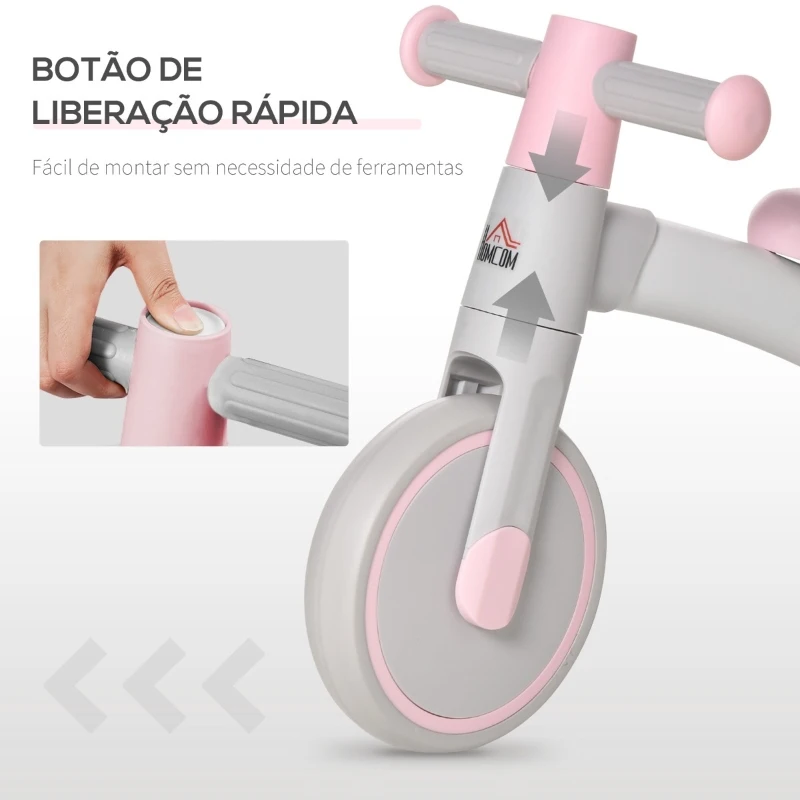HOMCOM Bicicleta sem Pedais para Crianças de 1-3 Anos Bicicleta de Equilíbrio com 3 Rodas Silenciosas Carro Andador de Bebé 60x24x37cm Rosa