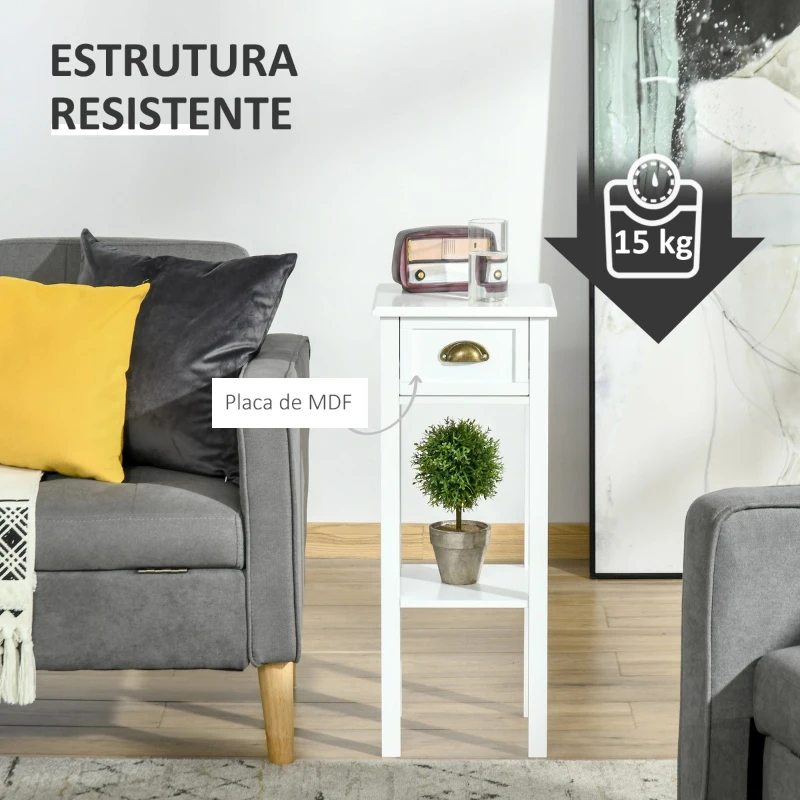 HOMCOM Mesa de Apoio com Gaveta e Prateleira de Armazenamento Estilo Moderno 30x30x75cm Branco
