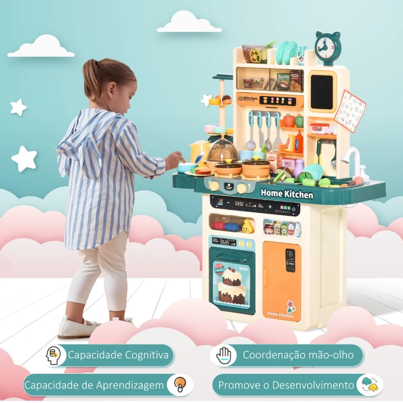 HOMCOM Cozinha de Brinquedo para Crianças de 3-6 Anos com Luz Sons Água Vapor Lousa 113 Acessórios Incluidos Cozinha Infantil Educativa 70x32x92,2cm Multicor