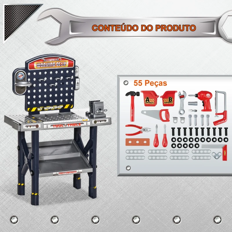 HOMCOM Bancada de Ferramentas para Crianças acima de 3 Anos Inclui 55 peças com Berbequim Elétrico Chave Inglesa Alicates Brinquedo de Aprendizagem 69x26,5x75cm Multicor